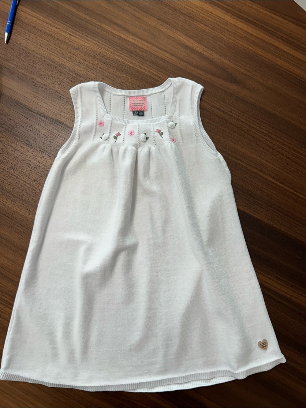 Souris Mini Girls White Floral Embroidered Knit Dress Size 8 Limited Edition